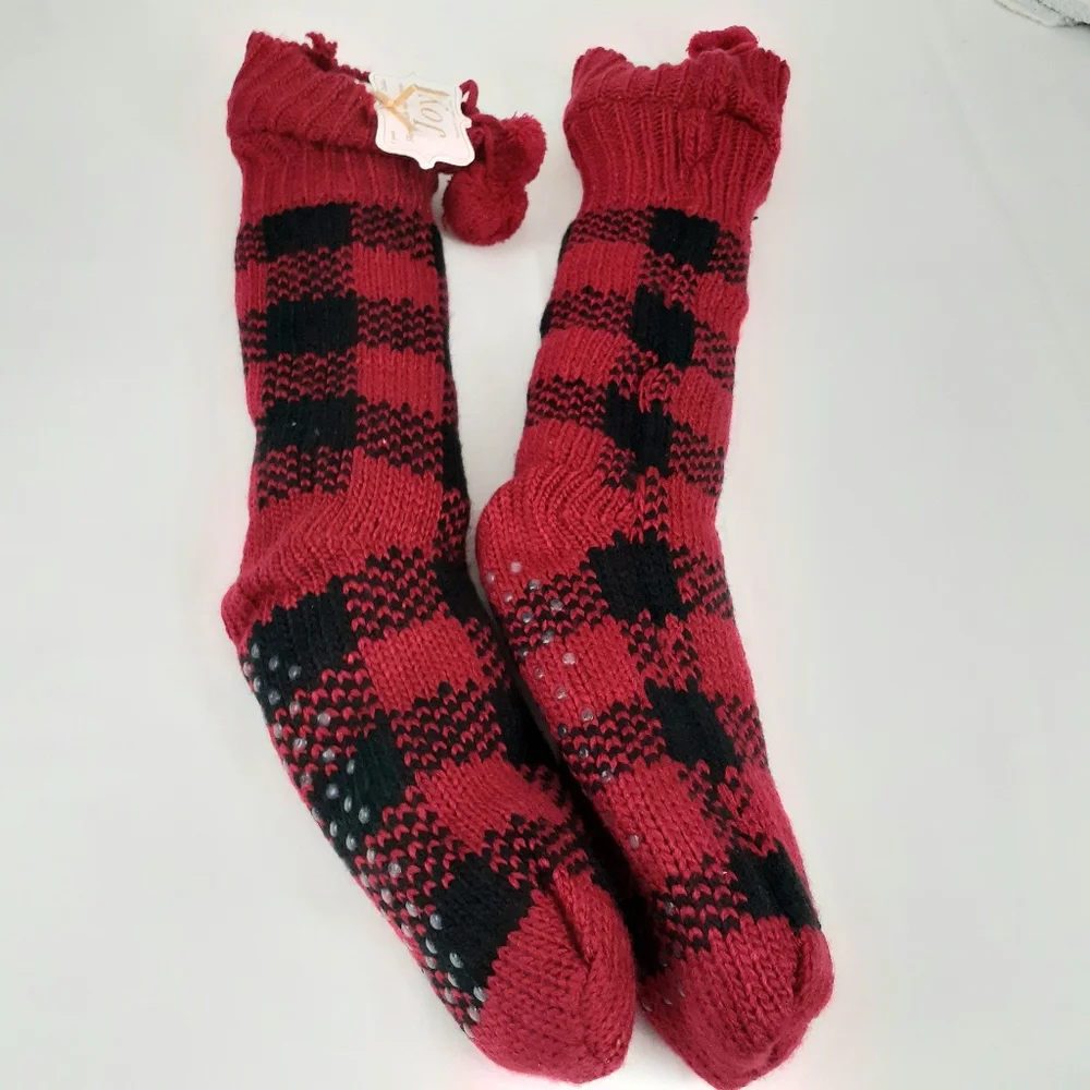 Joy Winter Ladies Slipper Socks With Gripper, Red and Black Size 4-10 Shoes